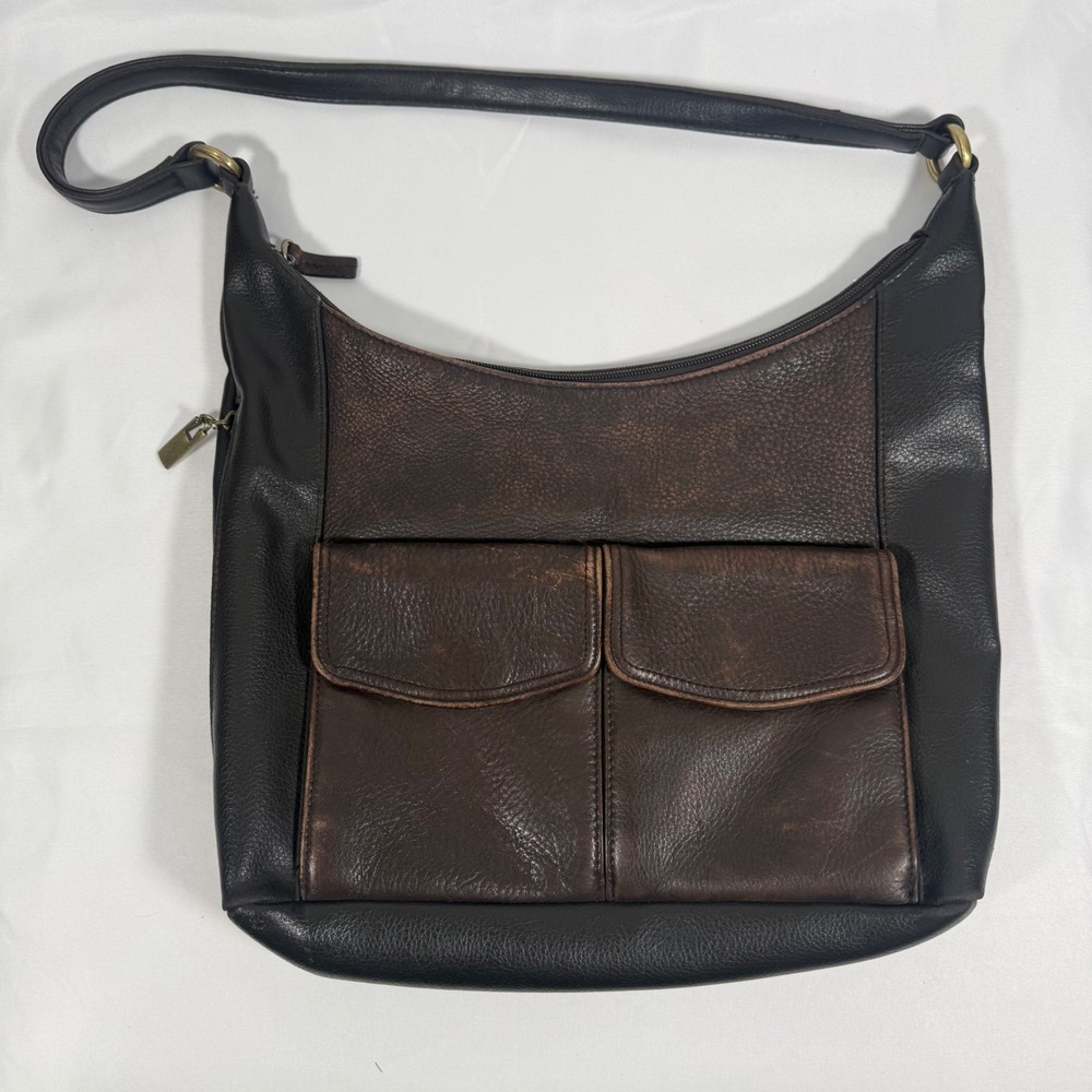 St Johns Bay Hobo Bag Womens Large Black Brown Leather Vintage Mixed Media Purse